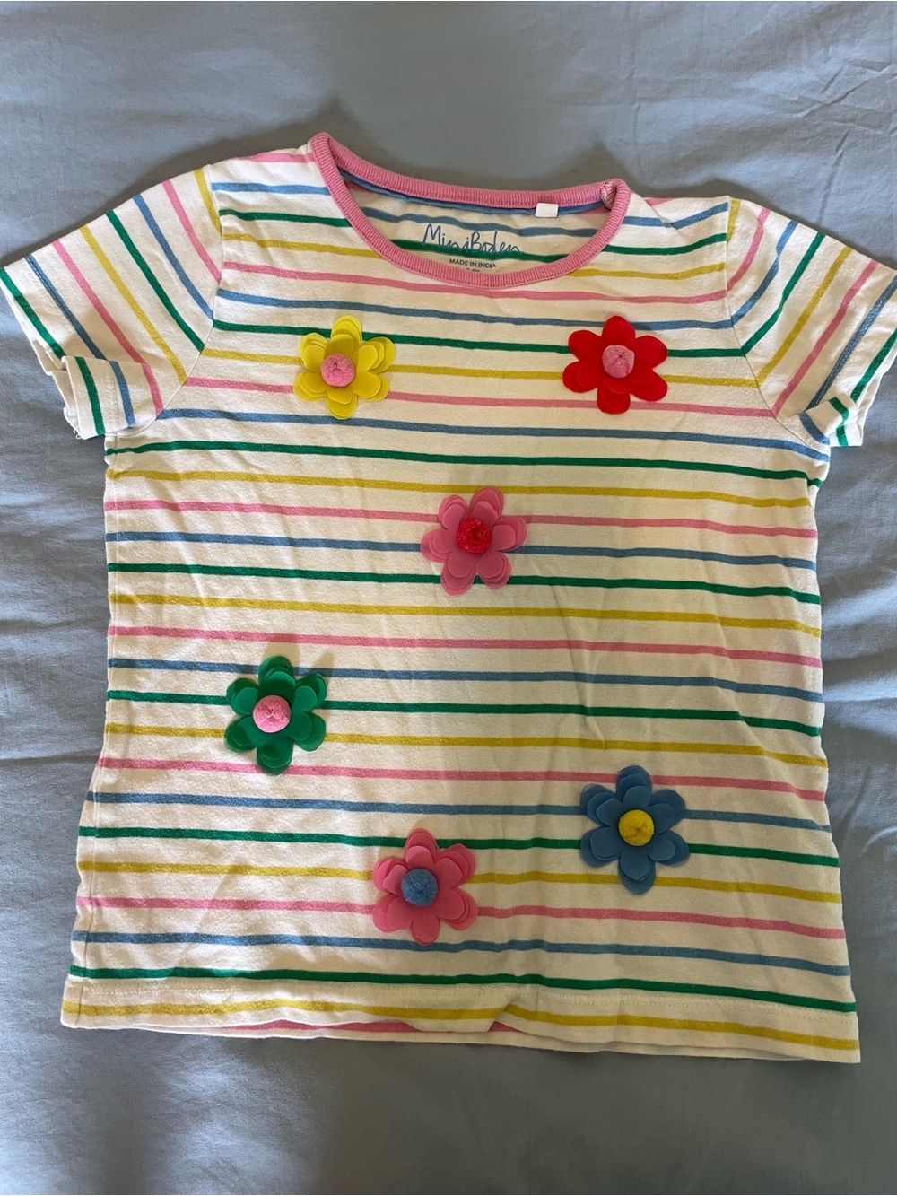Mini Boden White Striped Tee with Multicolor Flower Appliqués